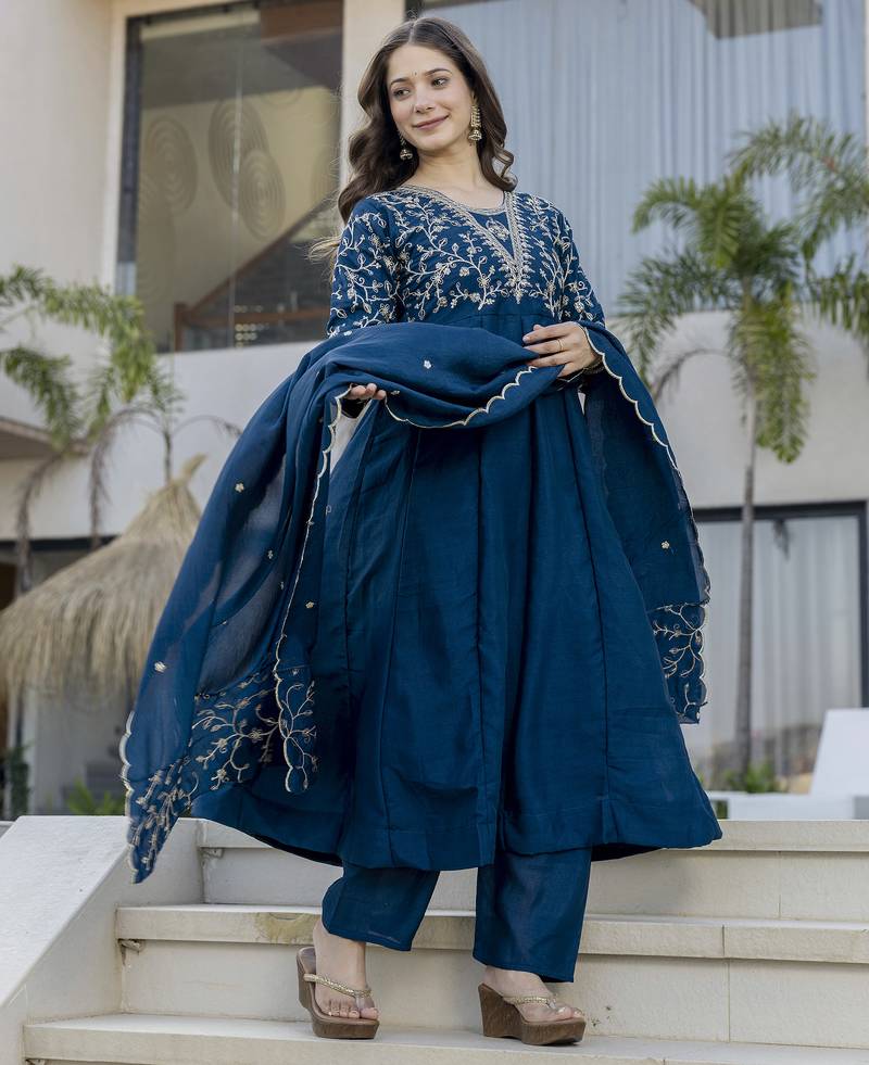 Vichitra Silk Embroidery Work Flared Anarkali Pant and Dupatta Set
