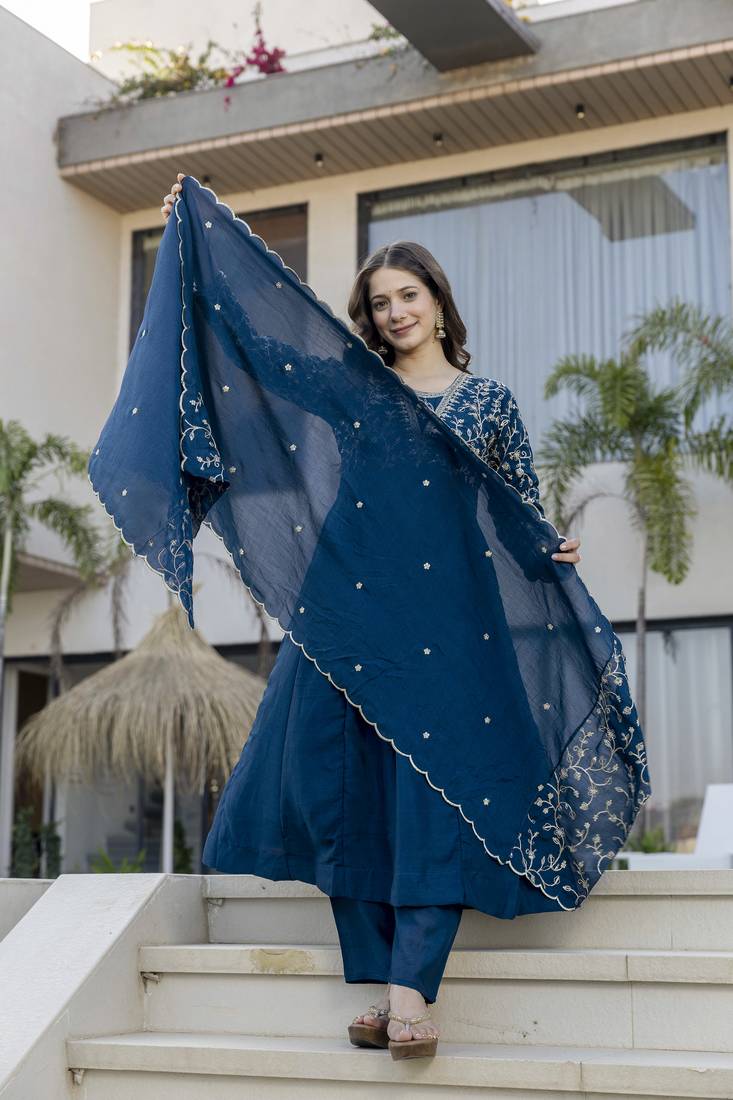  Vichitra Silk Embroidery Work Flared Anarkali Pant and Dupatta Set