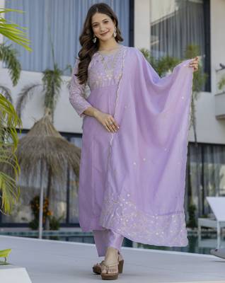  Vichitra Silk Embroidery Work Flared Anarkali Pant and Dupatta Set 1