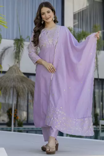  Vichitra Silk Embroidery Work Flared Anarkali Pant and Dupatta Set
