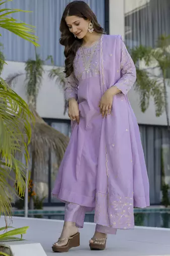  Vichitra Silk Embroidery Work Flared Anarkali Pant and Dupatta Set