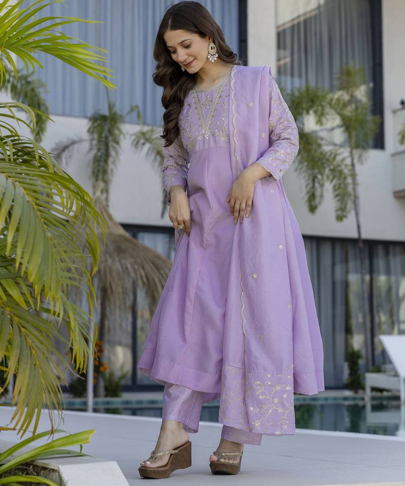  Vichitra Silk Embroidery Work Flared Anarkali Pant and Dupatta Set