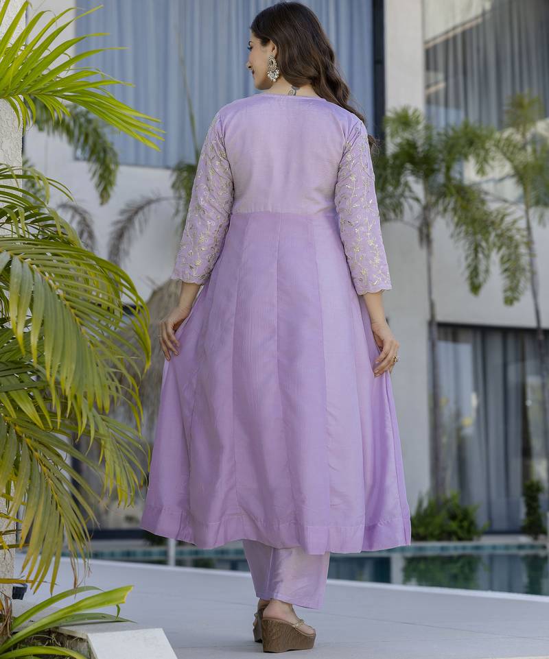  Vichitra Silk Embroidery Work Flared Anarkali Pant and Dupatta Set