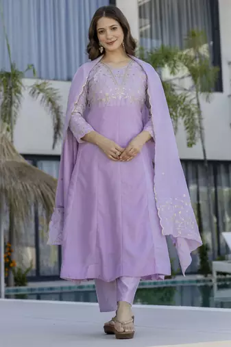  Vichitra Silk Embroidery Work Flared Anarkali Pant and Dupatta Set