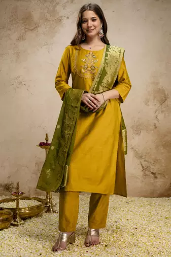  Vatican Embroidery Work Straight Kurta Pant and Dupatta Set