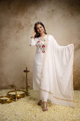  Roman Embroidery Work Straight Kurta Pant and Dupatta Set 1
