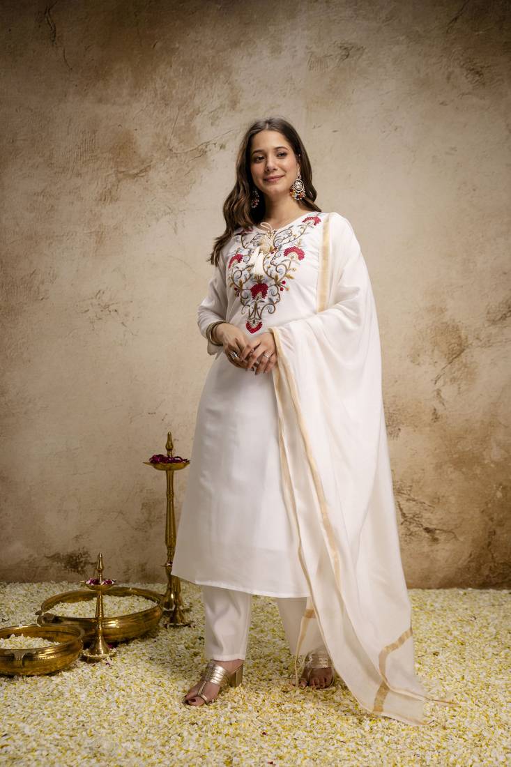  Roman Embroidery Work Straight Kurta Pant and Dupatta Set