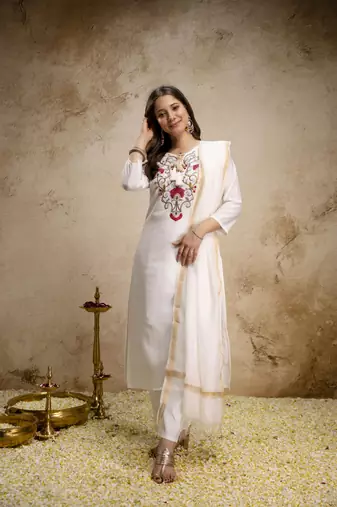  Roman Embroidery Work Straight Kurta Pant and Dupatta Set