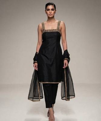 black embroidered semi dupion silk kurta set 1