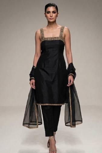 black embroidered semi dupion silk kurta set