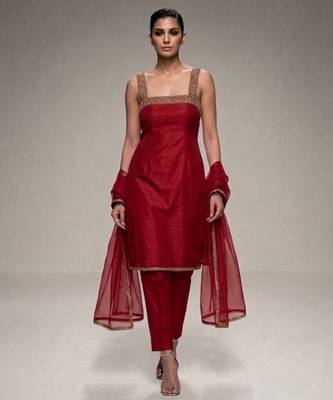 red embroidered semi dupion silk kurta set 1
