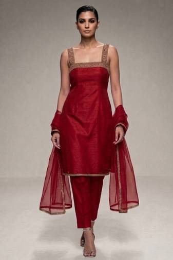 red embroidered semi dupion silk kurta set
