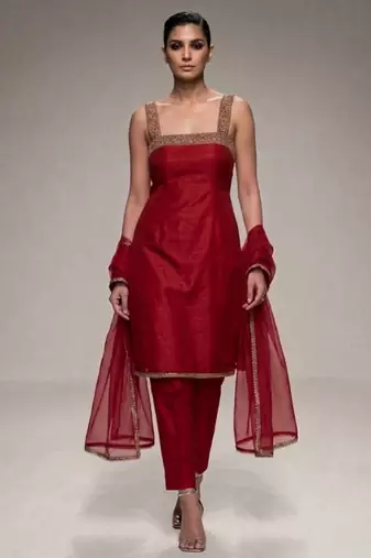 red embroidered semi dupion silk kurta set