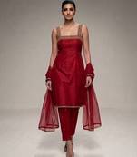 red embroidered semi dupion silk kurta set