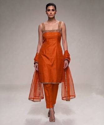 orange embroidered semi dupion silk kurta set 1