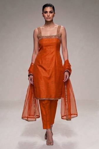 orange embroidered semi dupion silk kurta set
