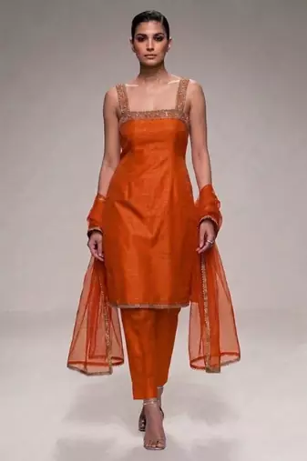 orange embroidered semi dupion silk kurta set