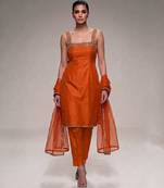 orange embroidered semi dupion silk kurta set