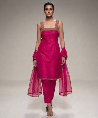 pink embroidered semi dupion silk kurta set 1