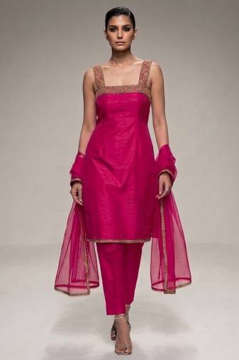 pink embroidered semi dupion silk kurta set