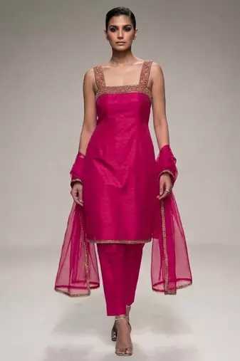 pink embroidered semi dupion silk kurta set