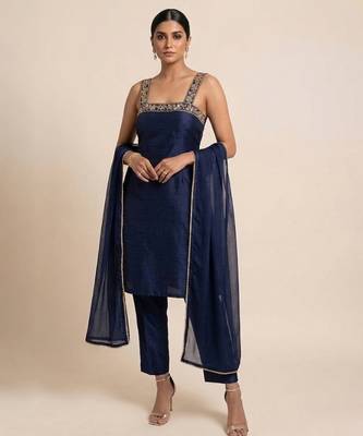 navy blue embroidered semi dupion silk kurta set 1