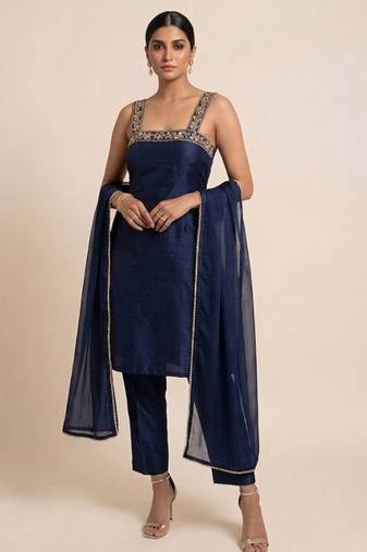 navy blue embroidered semi dupion silk kurta set