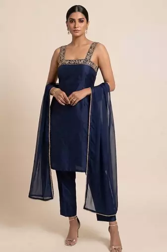 navy blue embroidered semi dupion silk kurta set