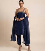 navy blue embroidered semi dupion silk kurta set