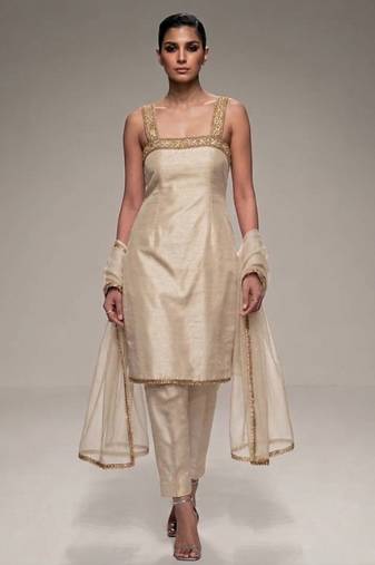 ivory embroidered semi dupion silk kurta set