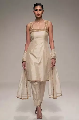 ivory embroidered semi dupion silk kurta set