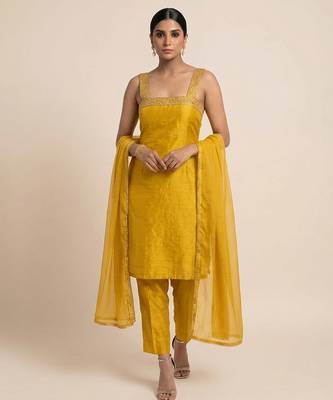 mustard yellow embroidered semi dupion silk kurta set 1
