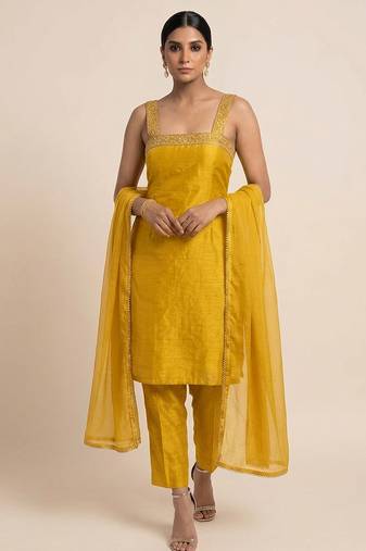 mustard yellow embroidered semi dupion silk kurta set