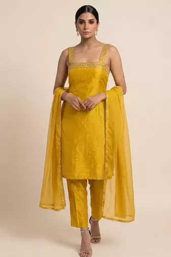 mustard yellow embroidered semi dupion silk kurta set