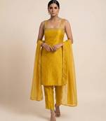 mustard yellow embroidered semi dupion silk kurta set