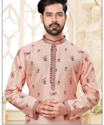 A soft peach kurta with scattered red floral motifs and striped detailing along the collar, placket, and cuffs 2