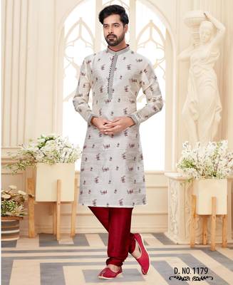 Off white printed kurta with scattered red floral motifs and striped detailing on the collar, placket, and cuffs, 1