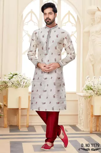 Off white printed kurta with scattered red floral motifs and striped detailing on the collar, placket, and cuffs,