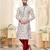 Off white printed kurta with scattered red floral motifs and striped detailing on the collar, placket, and cuffs,