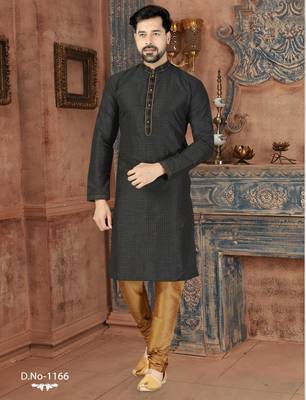 A black printed kurta with a subtle gold geometric pattern and gold detailing on the collar, placket, and cuffs, paired 1