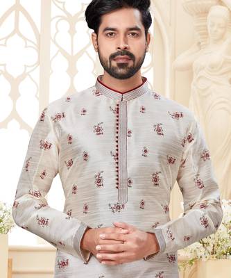 Off white printed kurta with scattered red floral motifs and striped detailing on the collar, placket, and cuffs, 2