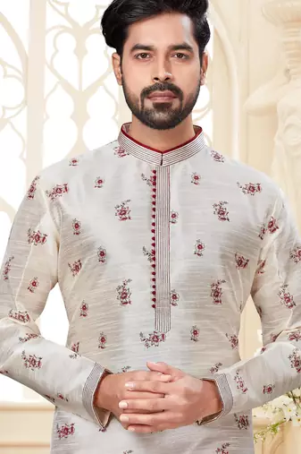Off white printed kurta with scattered red floral motifs and striped detailing on the collar, placket, and cuffs,