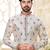 Off white printed kurta with scattered red floral motifs and striped detailing on the collar, placket, and cuffs,