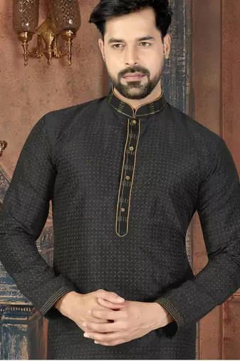 A black printed kurta with a subtle gold geometric pattern and gold detailing on the collar, placket, and cuffs, paired