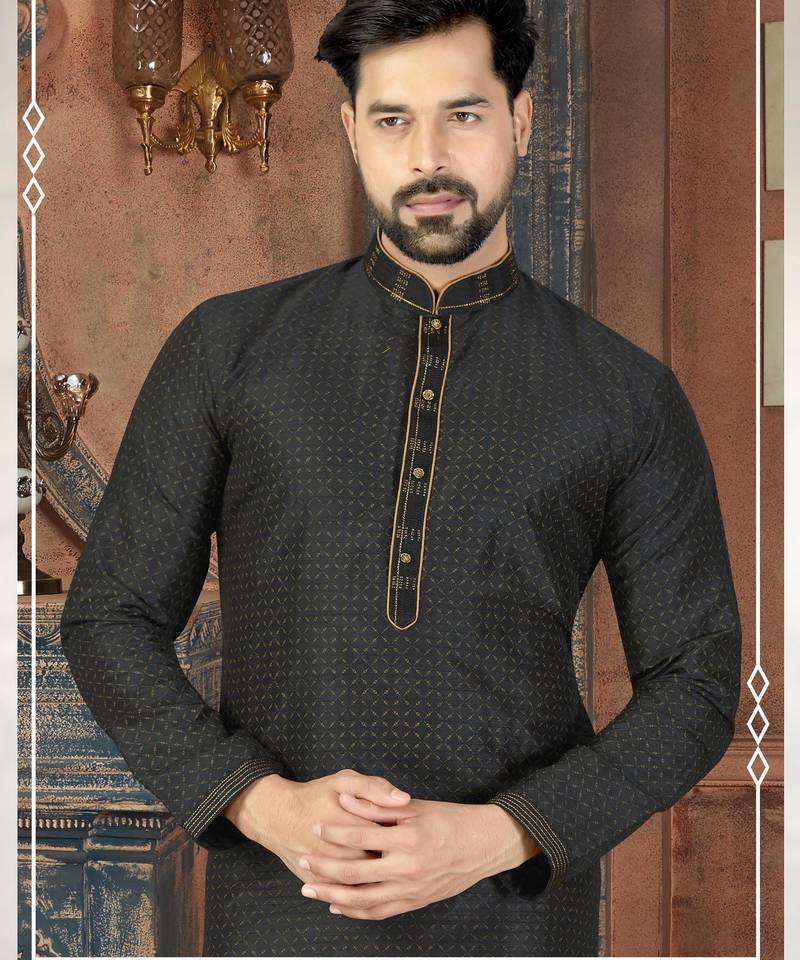 A black printed kurta with a subtle gold geometric pattern and gold detailing on the collar, placket, and cuffs, paired