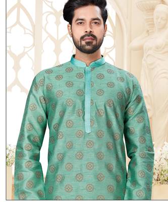 A teal blue printed kurta with repeating floral medallions in muted gold and rust, finished 2