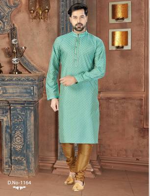 A sea-green printed kurta with a subtle gold diamond pattern, finished with a matching band collar and button placket 1