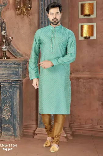 A sea-green printed kurta with a subtle gold diamond pattern, finished with a matching band collar and button placket