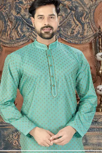 A sea-green printed kurta with a subtle gold diamond pattern, finished with a matching band collar and button placket