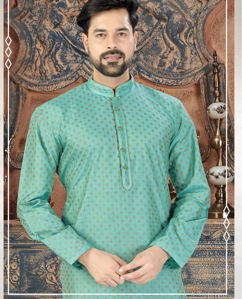A sea-green printed kurta with a subtle gold diamond pattern, finished with a matching band collar and button placket
